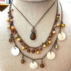 Beautiful Triple Strand Set  - Bronze, Crystal, and Pearls